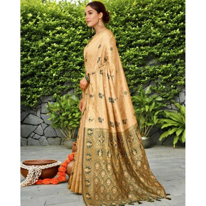 Women's Silk Blend Woven Paithani Saree With Unstitched Blouse 5.5Mtr (Cream)