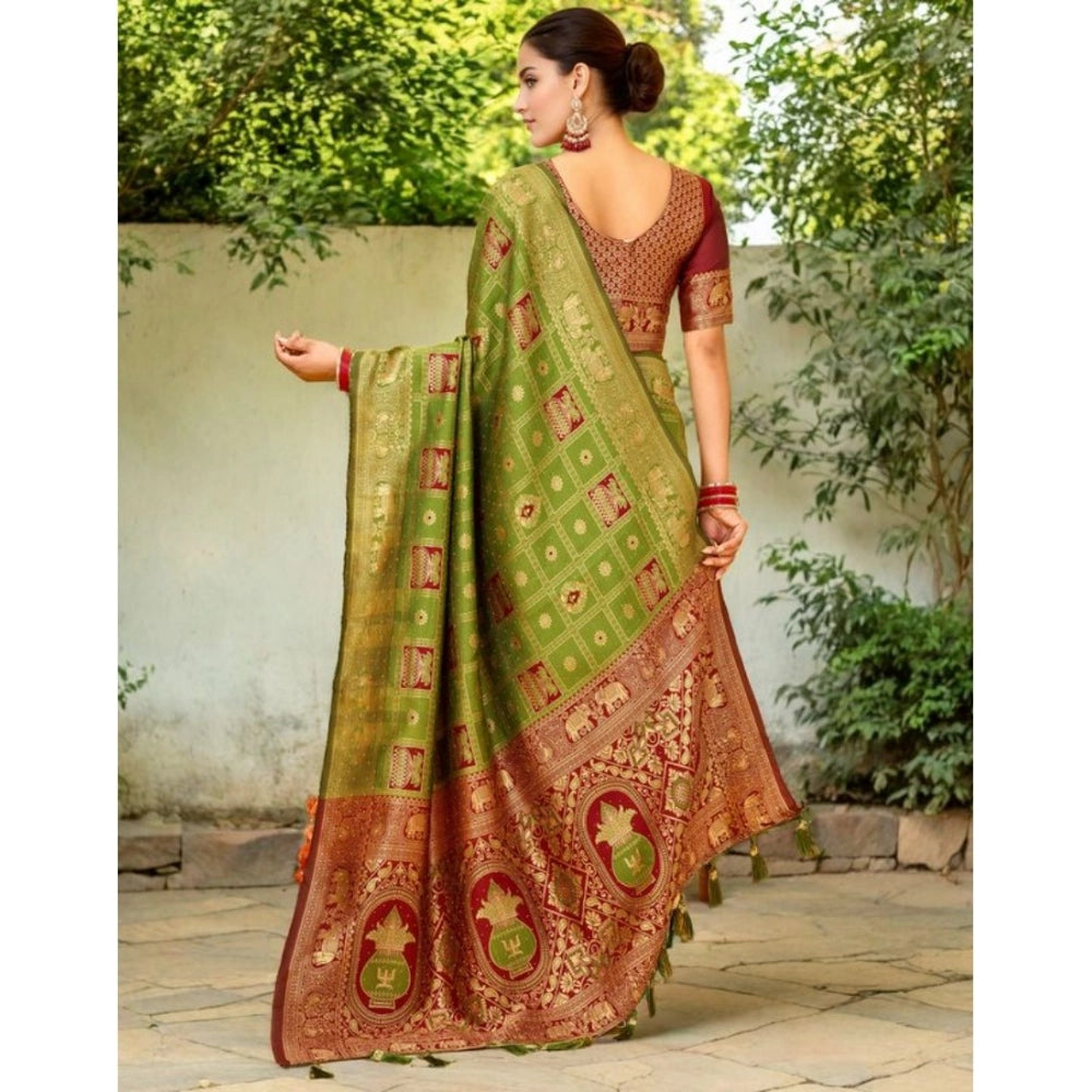 Women's Silk Blend Woven Zari Work Saree With Unstitched Blouse 5.5Mtr (Light Green)