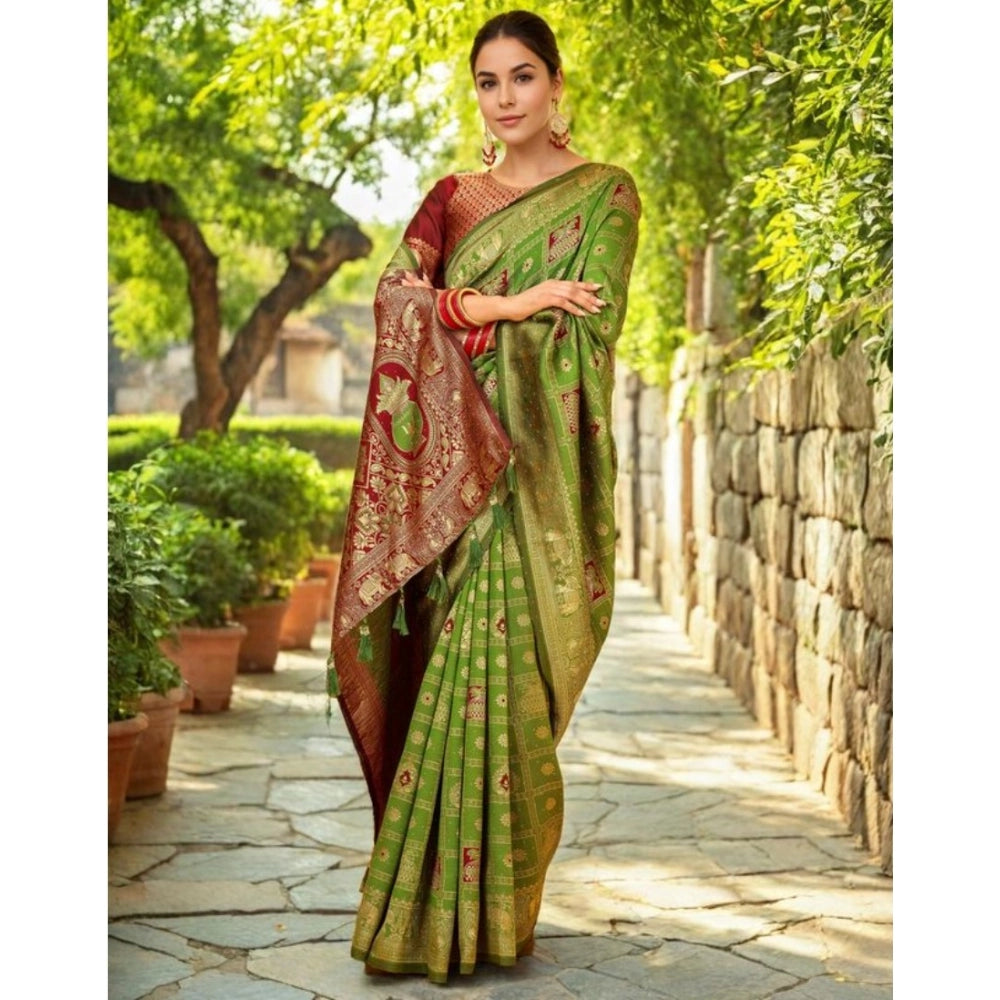 Women's Silk Blend Woven Zari Work Saree With Unstitched Blouse 5.5Mtr (Light Green)