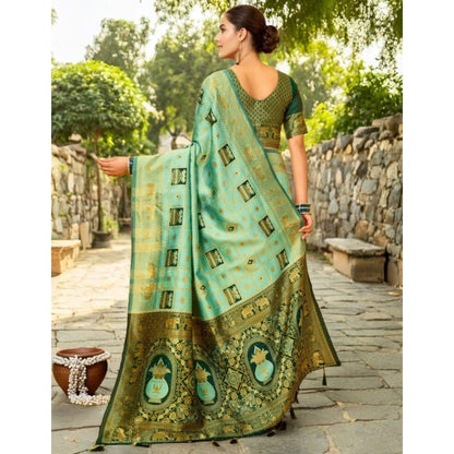 Women's Silk Blend Woven Zari Work Saree With Unstitched Blouse 5.5Mtr (Mint Green)