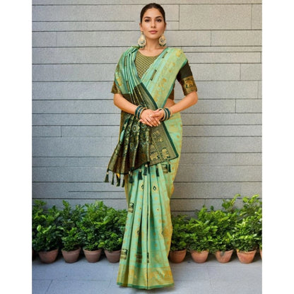 Women's Silk Blend Woven Zari Work Saree With Unstitched Blouse 5.5Mtr (Mint Green)