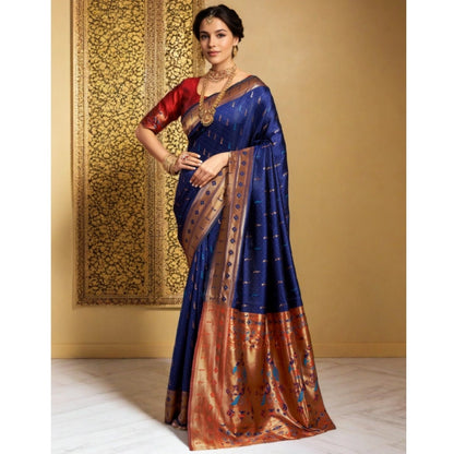 Women's Silk Blend Zari Woven Saree With Unstitched Blouse 5.5Mtr (Navy)