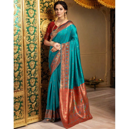 Women's Silk Blend Zari Woven Saree With Unstitched Blouse 5.5Mtr (Rama)