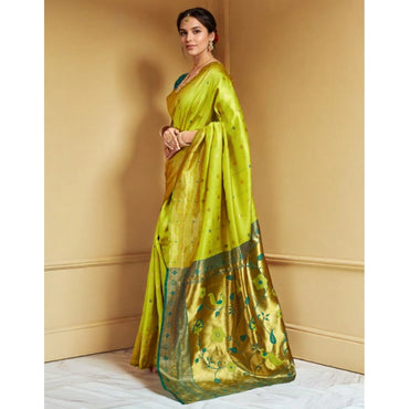 Women's Silk Blend Zari Weaving Saree With Unstitched Blouse 5.5Mtr (Lime-Green)