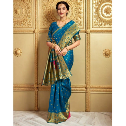 Women's Silk Blend Zari Weaving Saree With Unstitched Blouse 5.5Mtr (Turquoise)