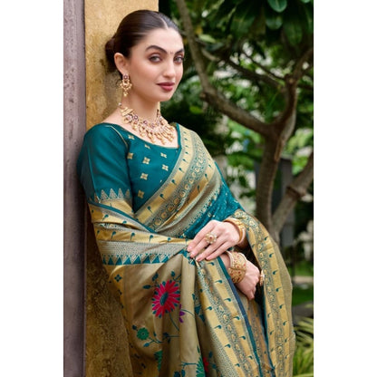 Women's Silk Blend Paithani Weaving Saree With Unstitched Blouse 5.5Mtr (Teal)
