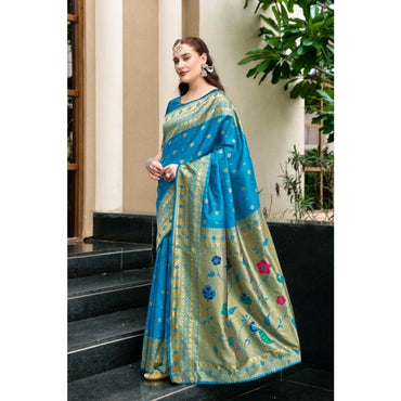 Women's Silk Blend Paithani Weaving Saree With Unstitched Blouse 5.5Mtr (Turquoise)