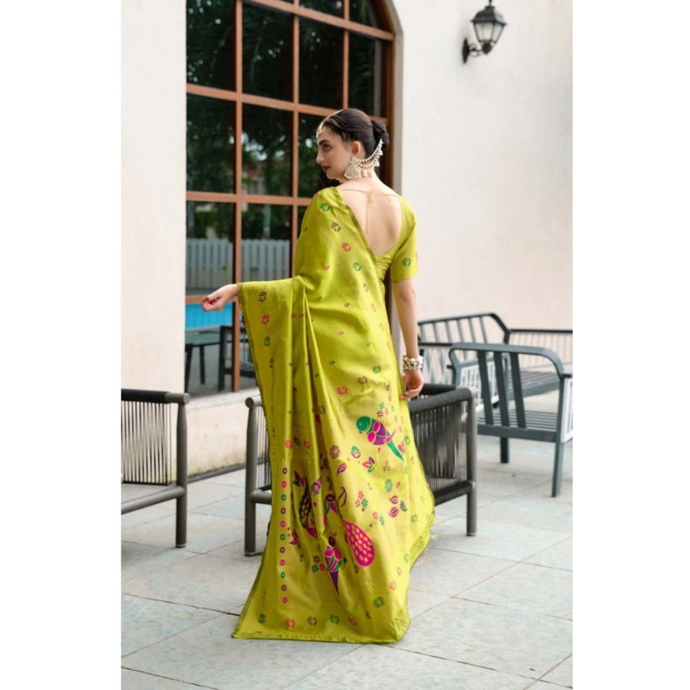 Women's Silk Blend Paithani Weaving Saree With Unstitched Blouse 5.5Mtr (Lime-Green)