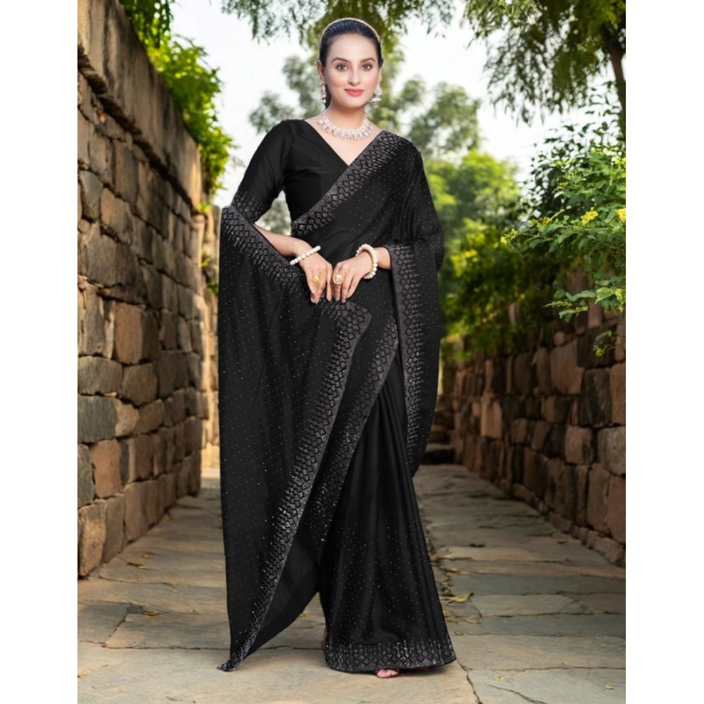 Women's Rangoli Diamond Weaving - Stone Work Saree With Unstitched Blouse 5.5Mtr (Black)