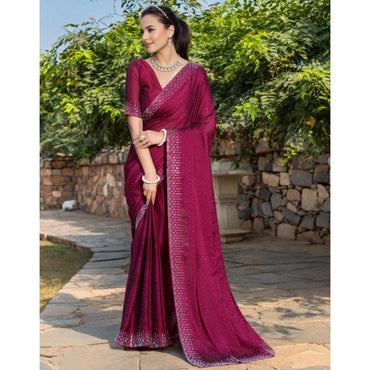 Women's Rangoli Diamond Weaving - Stone Work Saree With Unstitched Blouse 5.5Mtr (Maroon)
