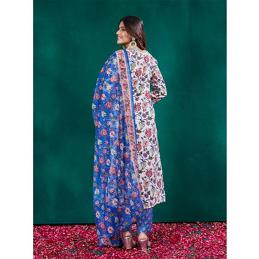 Women's Cotton Blend Printed Kurti With Pant Dupatta Set (Multicolor)