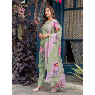Women's Cotton Blend Printed Kurti With Pant Dupatta Set (Mehendi)