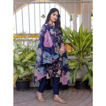 Women's Cotton Blend Printed Kurti With Pant Dupatta Set (NavyBlue)