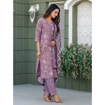 Women's Cotton Blend Printed Kurti With Pant Dupatta Set (Lavender)
