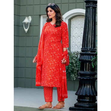 Women's Cotton Blend Printed Kurti With Pant Dupatta Set (Orange)
