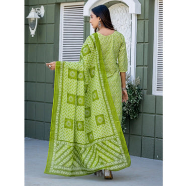 Women's Cotton Blend Printed Kurti With Pant Dupatta Set (Parrot)