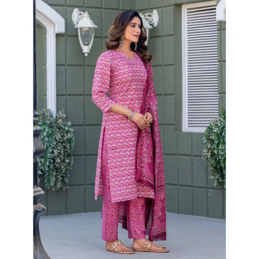 Women's Cotton Blend Printed Kurti With Pant Dupatta Set (Pink)