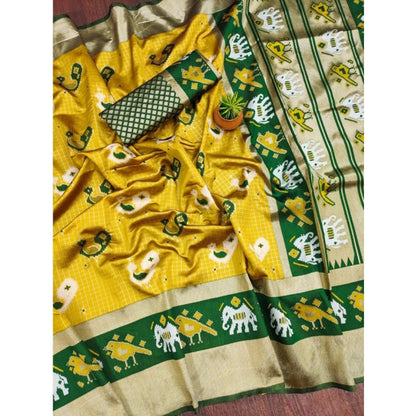 Women's Soft Litchi Silk Jacquard Work Saree With Unstitched Blouse 5.5Mtr (Yellow-Green)