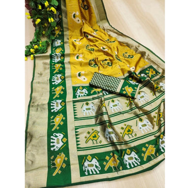 Women's Soft Litchi Silk Jacquard Work Saree With Unstitched Blouse 5.5Mtr (Yellow-Green)
