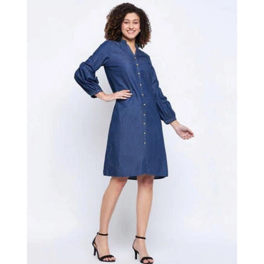 Women's Casual Denim Full sleeve Dress (Blue)