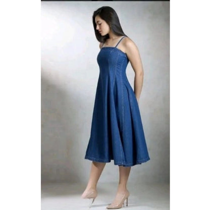 Women's Casual Denim Sleeveless Dress (Blue)