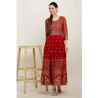 Women's Casual Rayon 3-4th Sleeves Anarkali Kurti (Red)