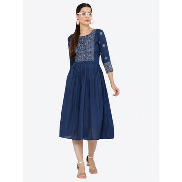 Women's Casual Rayon 3-4th Sleeves Kurti (Blue)