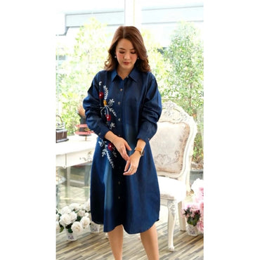 Women's Casual Denim Full sleeve Dress (Blue)