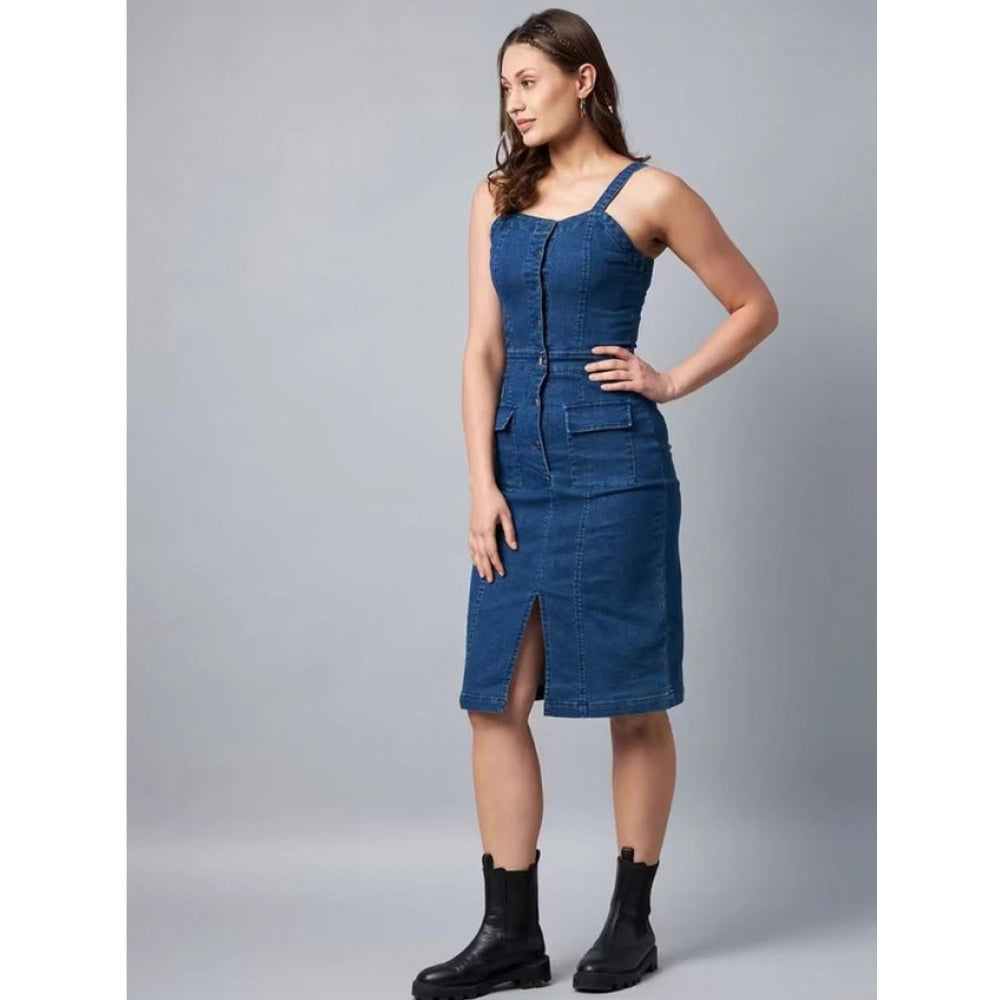 Women's Casual Denim Sleeveless Dress (Blue)