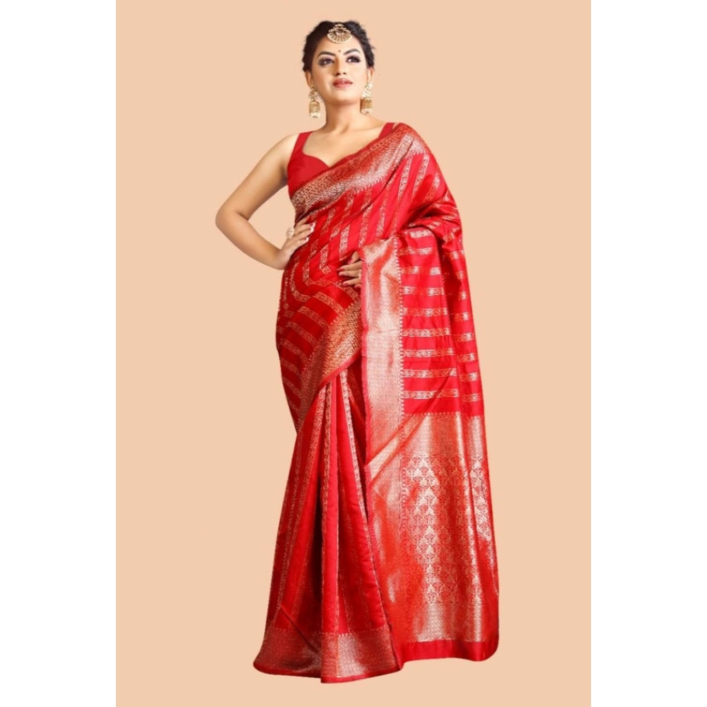Women's Soft Lichi Silk Printed Saree With Unstitched Blouse 5.5Mtr (Red)