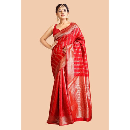 Women's Soft Lichi Silk Printed Saree With Unstitched Blouse 5.5Mtr (Red)