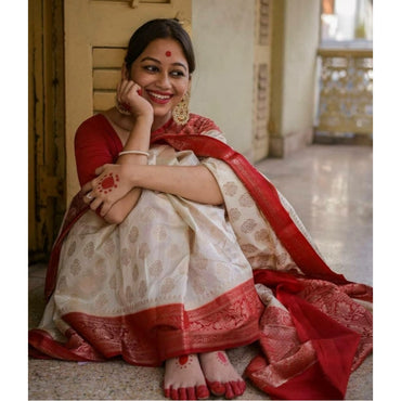 Women's Soft Lichi Silk Printed Saree With Unstitched Blouse 5.5Mtr (White)