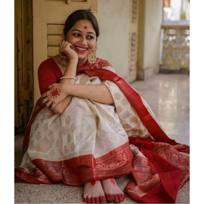 Women's Soft Lichi Silk Printed Saree With Unstitched Blouse 5.5Mtr (White)