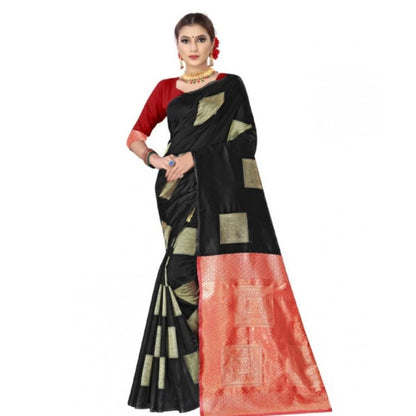 Women's Soft Lichi Silk Printed Saree With Unstitched Blouse 5.5Mtr (Black)