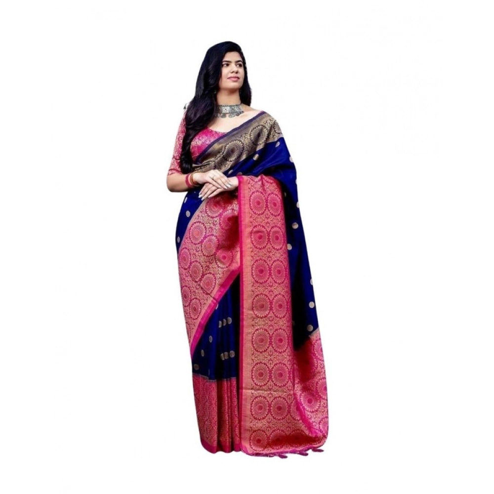 Women's Soft Lichi Silk Printed Saree With Unstitched Blouse 5.5Mtr (Blue)