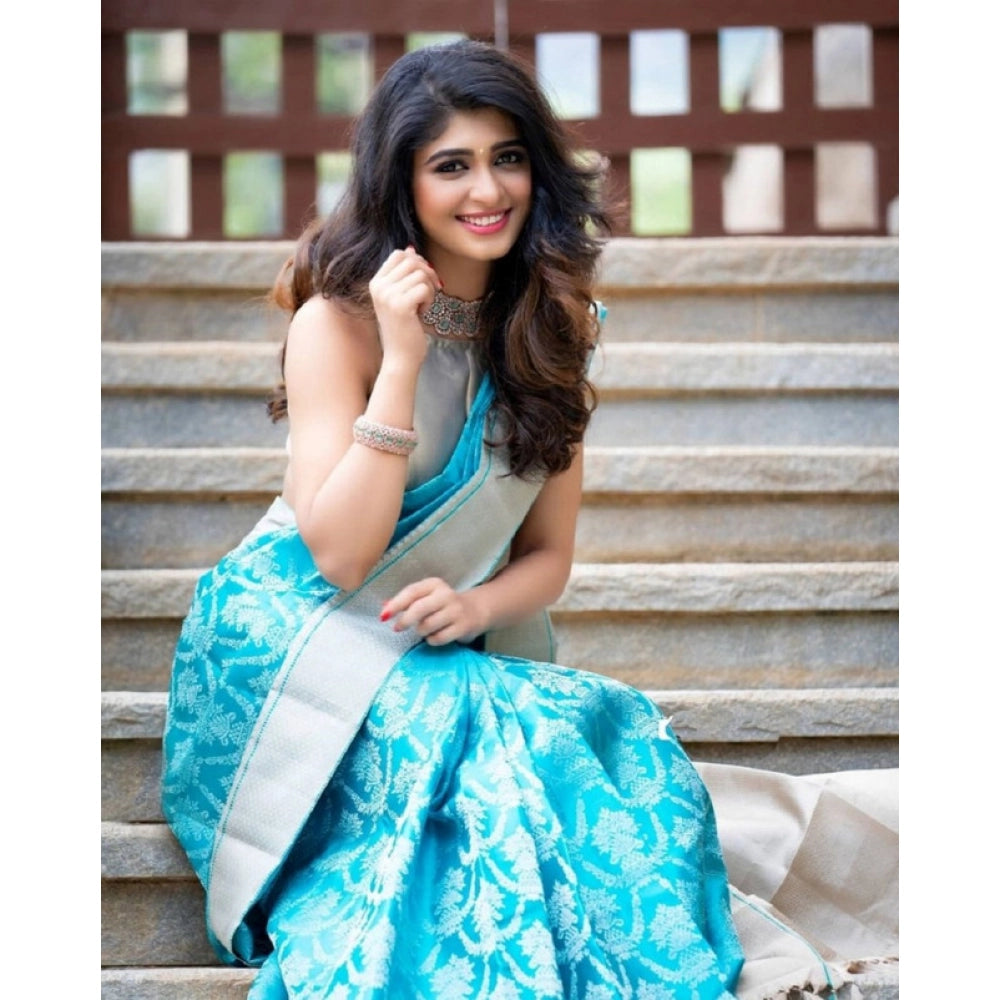 Women's Soft Lichi Silk Printed Saree With Unstitched Blouse 5.5Mtr (Sky-Blue)