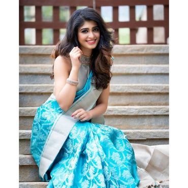 Women's Soft Lichi Silk Printed Saree With Unstitched Blouse 5.5Mtr (Sky-Blue)