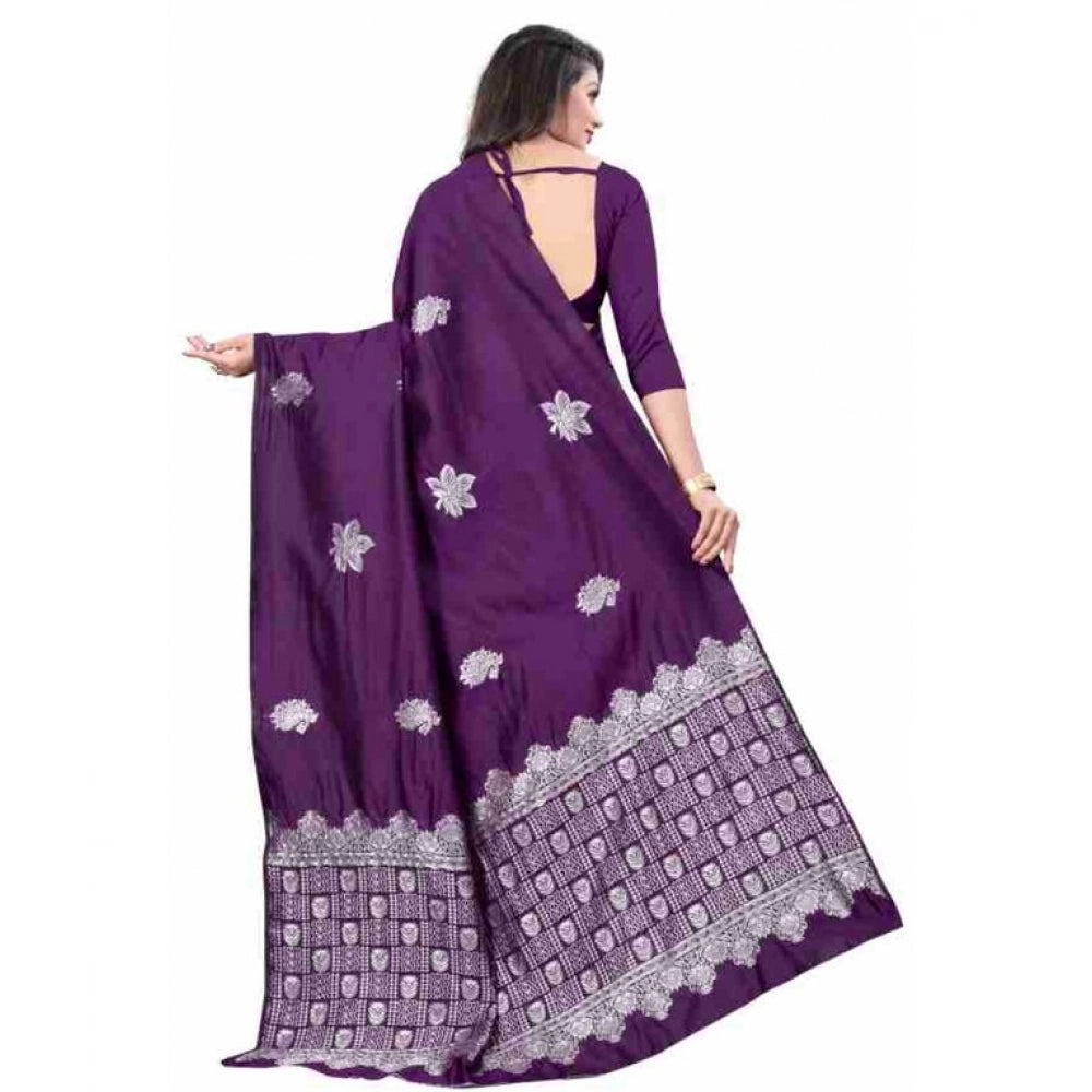 Women's Soft Lichi Silk Printed Saree With Unstitched Blouse 5.5Mtr (Purple)