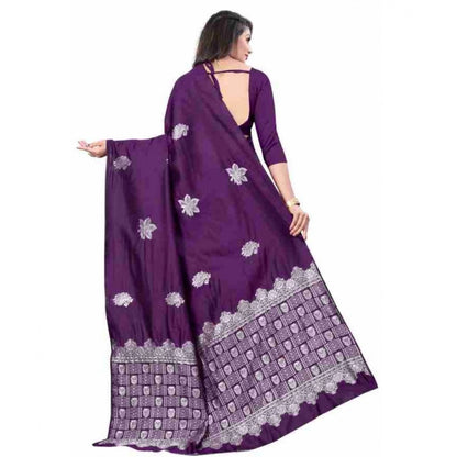 Women's Soft Lichi Silk Printed Saree With Unstitched Blouse 5.5Mtr (Purple)