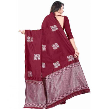 Women's Soft Lichi Silk Printed Saree With Unstitched Blouse 5.5Mtr (Maroon)