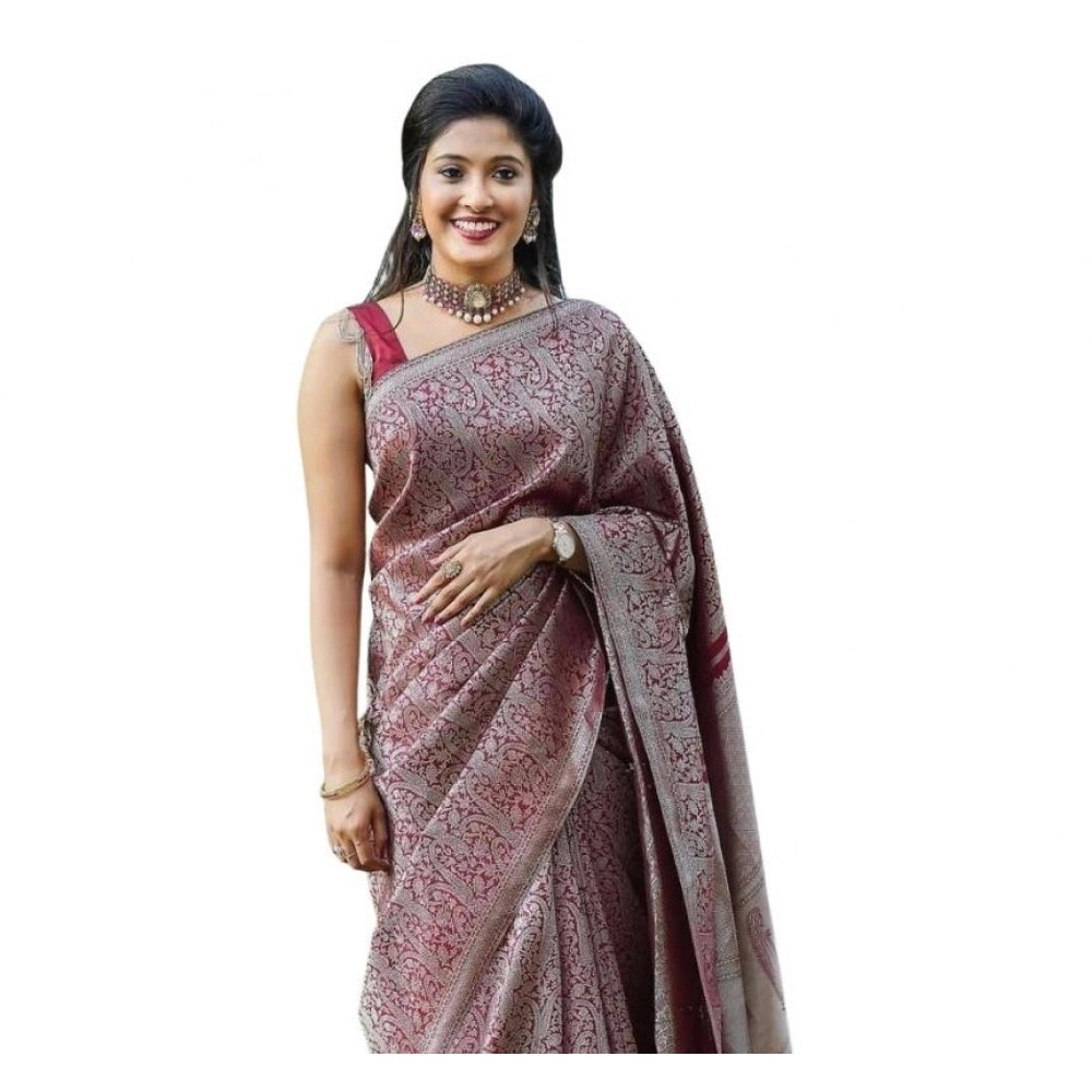 Women's Soft Lichi Silk Printed Saree With Unstitched Blouse 5.5Mtr (Wine)