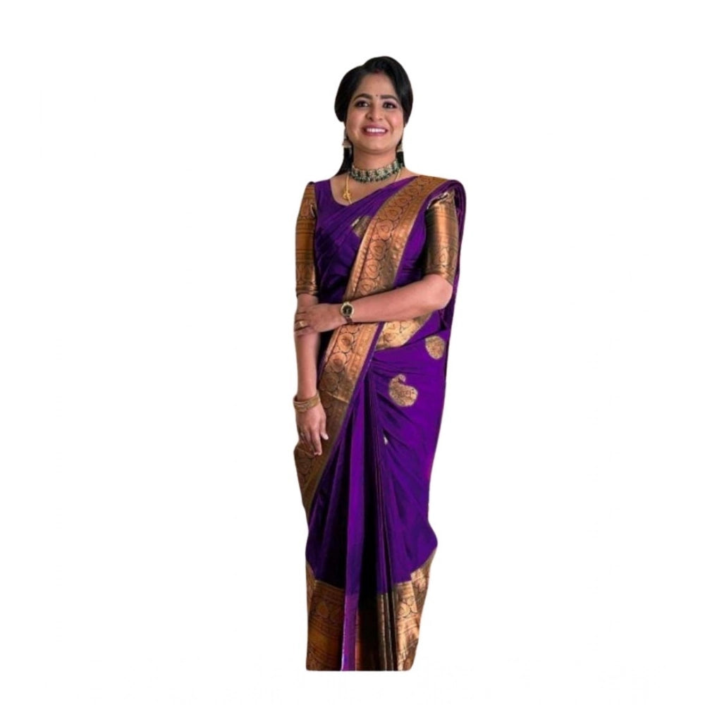 Women's Soft Lichi Silk Printed Saree With Unstitched Blouse 5.5Mtr (Purple)