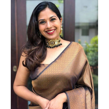 Women's Soft Lichi Silk Printed Saree With Unstitched Blouse 5.5Mtr (Black-Gold)