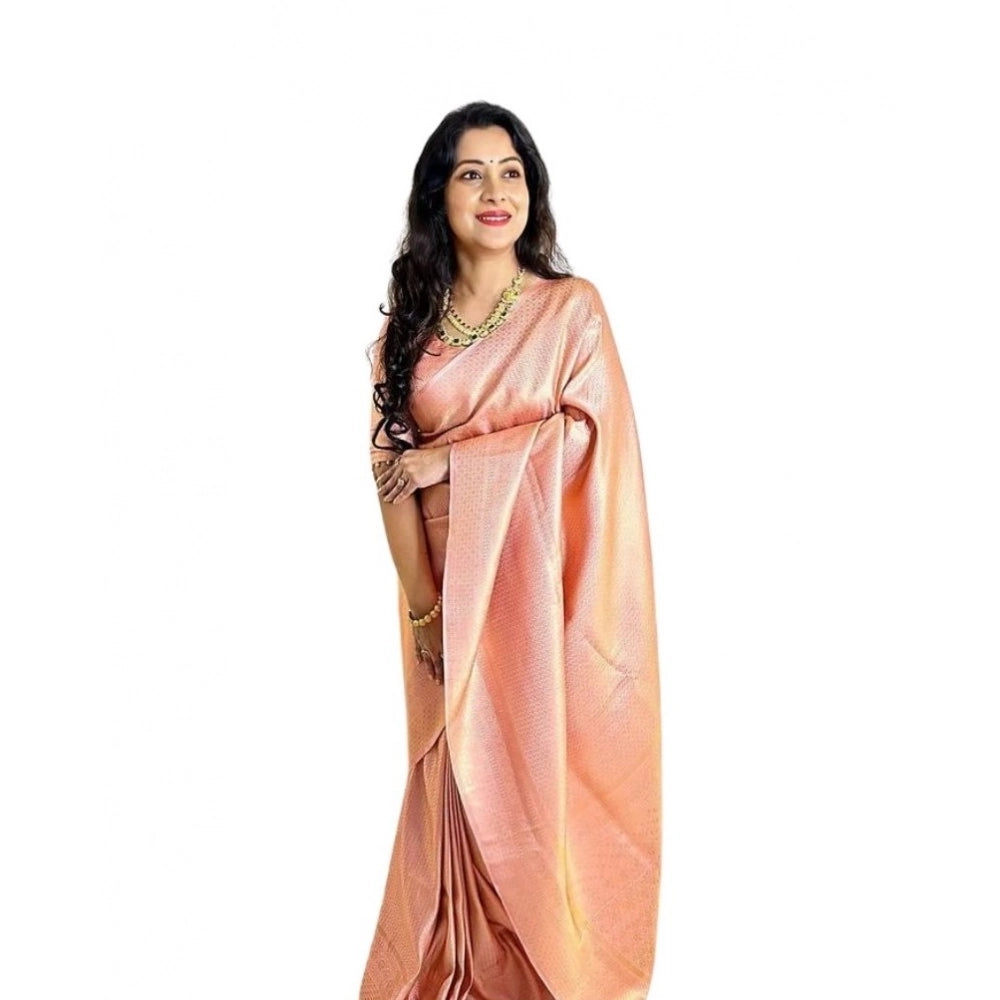 Women's Soft Lichi Silk Printed Saree With Unstitched Blouse 5.5Mtr (Peach)