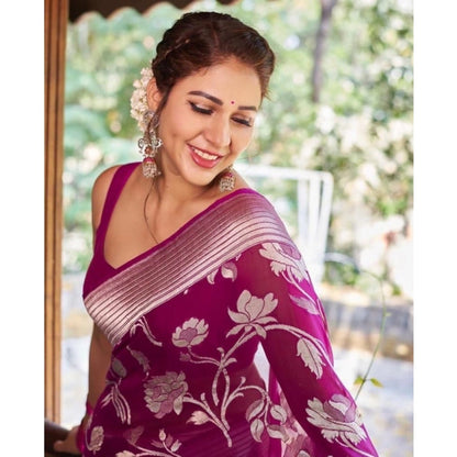 Women's Soft Lichi Silk Printed Saree With Unstitched Blouse 5.5Mtr (Purple)