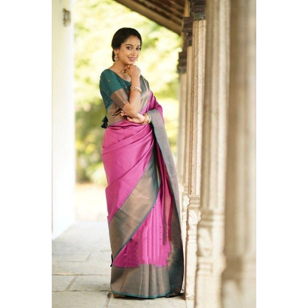 Women's Soft Lichi Silk Printed Saree With Unstitched Blouse 5.5Mtr (Pink)