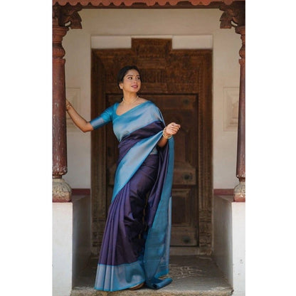 Women's Soft Lichi Silk Printed Saree With Unstitched Blouse 5.5Mtr (Blue)