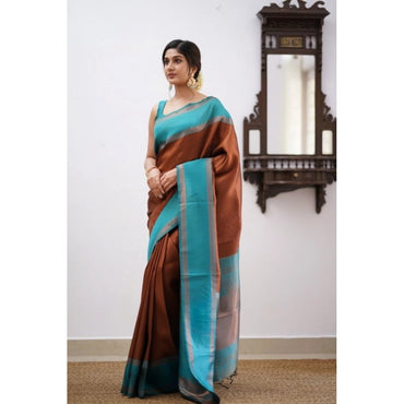 Women's Soft Lichi Silk Printed Saree With Unstitched Blouse 5.5Mtr (Brown)