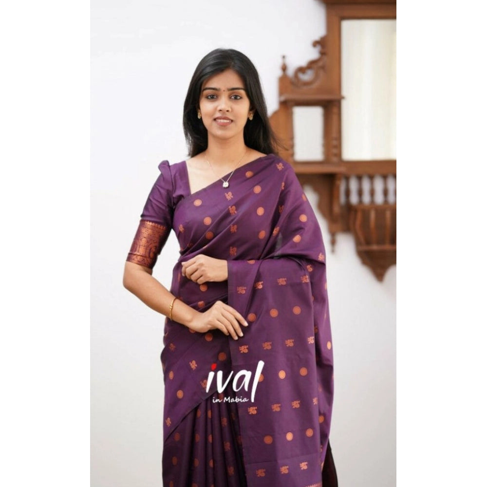 Women's Soft Lichi Silk Printed Saree With Unstitched Blouse 5.5Mtr (Purple)