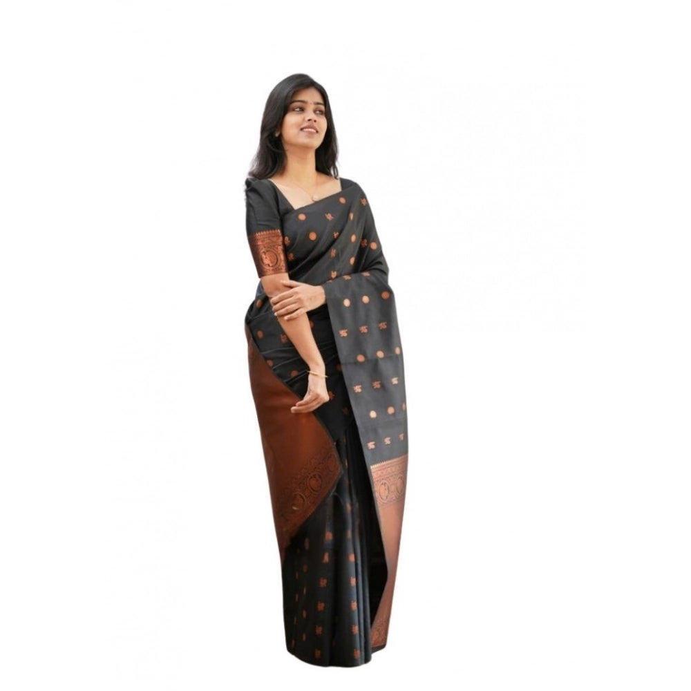 Women's Soft Lichi Silk Printed Saree With Unstitched Blouse 5.5Mtr (Black)